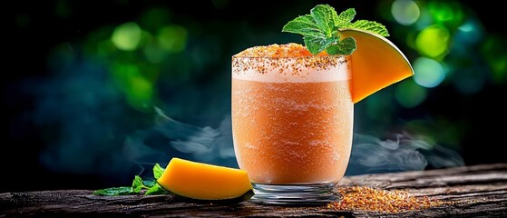 Refreshing melon smoothie delight outdoor setting beverage photography natural green background close-up summer vibes