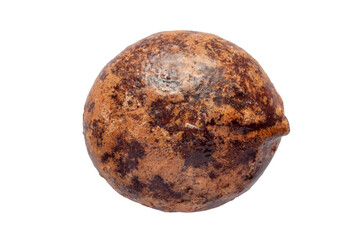 Fototapeta premium One round brown gingerbread on a white background. Gingerbread close-up top view
