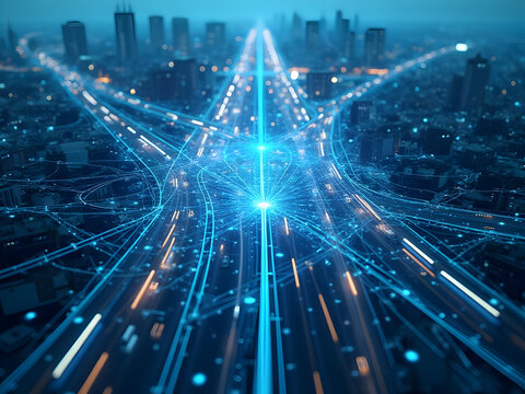 High-resolution AI-powered traffic management system with holographic city grid, autonomous vehicle coordination, and intelligent flow optimization visualization from aerial perspective