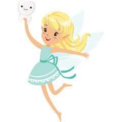 Cute Blonde Tooth Fairy Girl with Light Blue Wings and Dress Holding a Smiling Tooth