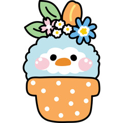 Cute Blue Bird Character in a Potted Plant with Flowers and Leaves Decorated with Polka Dots on a Transparent Background