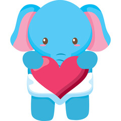 Cute Blue Baby Elephant Character Holding Pink Heart with Transparent Background