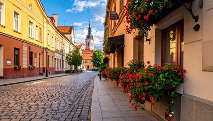 Fototapeta premium Cobblestone street with colorful buildings and floral displays
