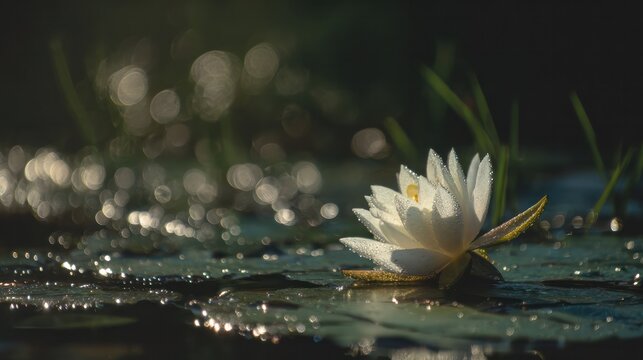 Water lily petals unfolding at dawn with morning dew on serene pond. gardening catalogs, home-decor guides, designed for gardening and botanical catalogs, used by ngo communicators.