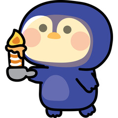 Cute Blue Penguin Character Wearing a Hoodie Holding a Lit Candle With Orange Flame and White Stripped Wax In A Transparent Background