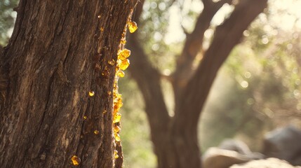 Natural frankincense sap flowing from cracked bark, glowing with golden transparency.