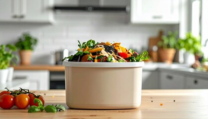 Fresh Salad Box on Kitchen Table Healthy Meal Prep Lifestyle Concept.