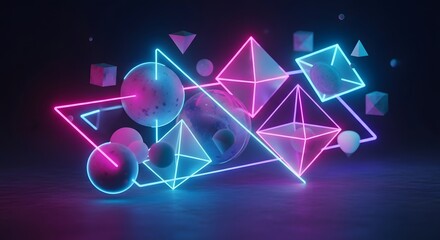 Abstract geometric shapes with neon glow 3D render modern design element