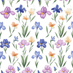 Fototapeta premium Flat style seamless pattern of irises, isolated on a white background. PNG