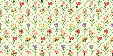 Cottagecore Floral Seamless Pattern with Colorful Floral Decorations, Seamless Fabric Patterns, Seamless Floral Backgrounds.