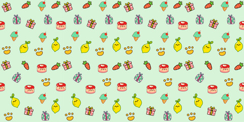 Seamless pattern with bright colors and cute cartoons, balloons, cakes, ice cream and flowers. Perfect for cute fabric patterns, Christmas festival.