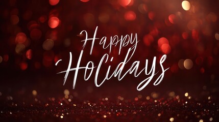 Elegant white calligraphy text happy holidays overlaid on a dark red bokeh background with sparkling lights