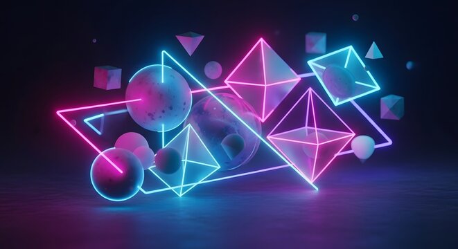 Abstract geometric shapes with neon glow 3D render modern design element