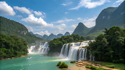 Fototapeta premium Ban gioc waterfall, a mesmerizing cascade in vietnam, tumbles down amidst lush greenery and towering mountains, creating a breathtaking natural spectacle