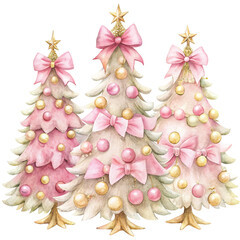 three watercolor Christmas trees decorated with golden ornaments and topped clipart white background 
