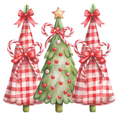 three watercolor Christmas trees decorated with golden ornaments and topped clipart white background 
