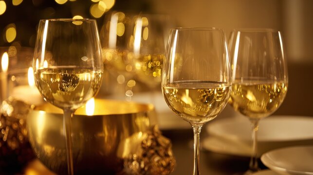 Festive dining table with golden spumante and candlelight in luxurious atmosphere. menu design, packaging mockups, designed for food delivery and cloud-kitchen brand materials.