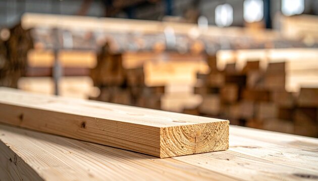 Freshly cut wooden beams in a lumberyard with construction industry background.