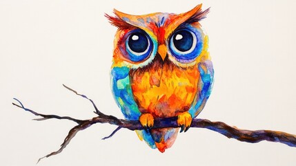 Colorful owl painting perched on branch art illustration
