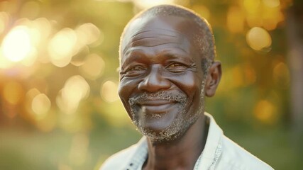 Portrait of elderly African man with kind smile and calm eyes standing outdoors in natural sunlight showing confidence, life experience, and positivity