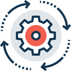 Conceptual icon representing a continuous workflow cycle with a central cogwheel in shades of navy blue and coral red against a transparent background symbolizing process and efficiency