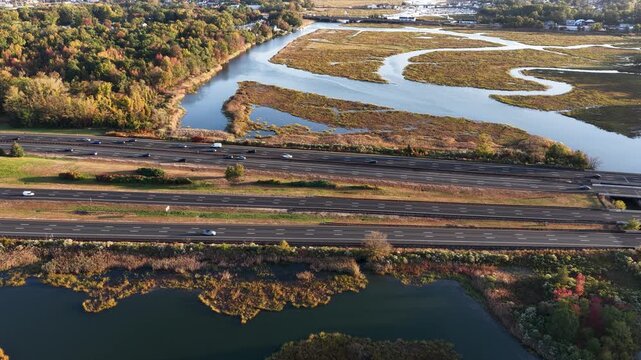 Aerial view of traffic along the Garden State Parkway in Matawan, New Jersey