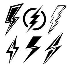 A collection of bold lightning bolt icons in black and white style, perfect for energy themes, electricity symbols, power logo elements