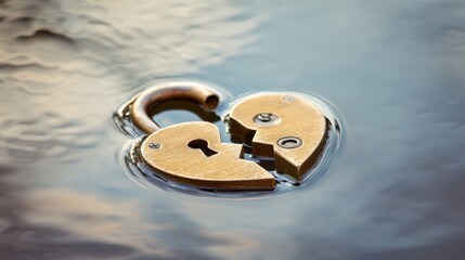 A broken heart-shaped lock floating on calm water, split in two pieces in soft morning light. wellbeing guides, coaching materials, designed for coaching and self-improvement content.