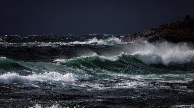Ocean waves crashing against a dark rocky coastline with a stormy sky. travel magazines, destination branding, designed for outdoor magazines and nature guides.
