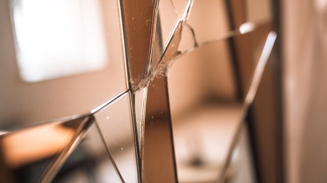 Cracked mirror with a distorted reflection and broken surface texture. wellbeing guides, coaching materials, designed for coaching and self-improvement content, used by account managers.