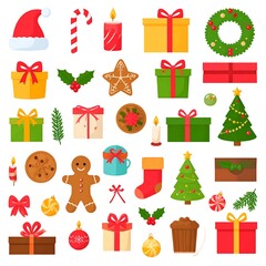 Assorted Christmas-themed illustrations, including gifts, decorations, and festive items