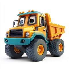 3D cartoon dump truck, playful and vibrant, isolated on white background.