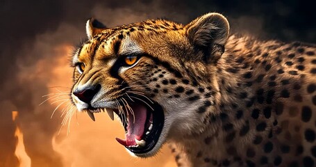 Fierce cheetah roaring amidst flames, showcasing power and intensity in a dramatic setting - Powered by Adobe