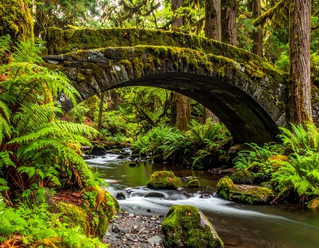 Old stone bridge arching over a serene stream in a lush green forest - Powered by Adobe