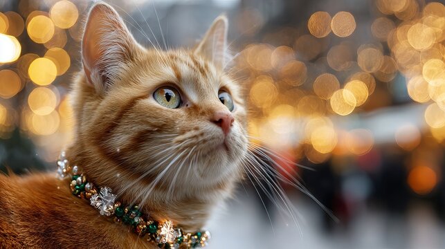 Ginger cat with festive collar sitting among Christmas ornaments and warm golden bokeh lights looking up in cozy holiday home interior cute seasonal Christmas pet portrait