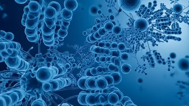 Microscopic view of blue bacteria and viruses in a 3D render.