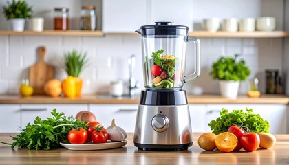 Healthy Smoothie Prep Blender with Fresh Vegetables on a Kitchen Counter.