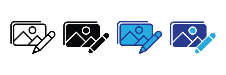 Image editing icon set: outline, solid, and color variations for photo modification app isolated on white background