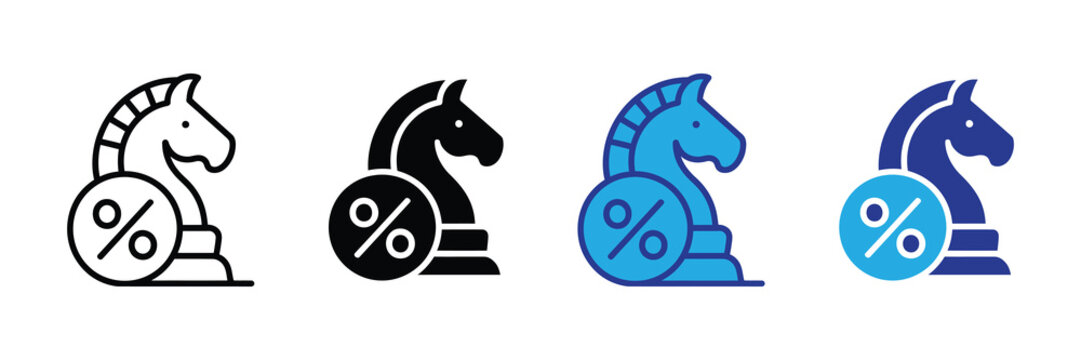 Chess knight strategy with percentage icon line and solid glyph styles in blue and black isolated on white background