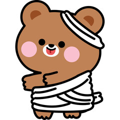 Cute brown bear character with bandaged head and body standing with arms outstretched illustration