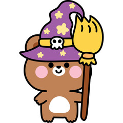 Cute Brown Bear Character Wearing A Purple Witch Hat With Stars And Holding A Broomstick On A Transparent Background
