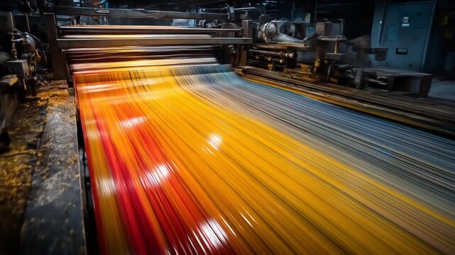 Industrial machinery processing colorful threads in motion