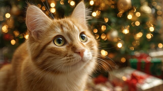 Adorable orange cat wearing Santa hat relaxing by glowing Christmas tree with warm festive lights cozy holiday pet portrait for greeting cards seasonal decor and social media designs