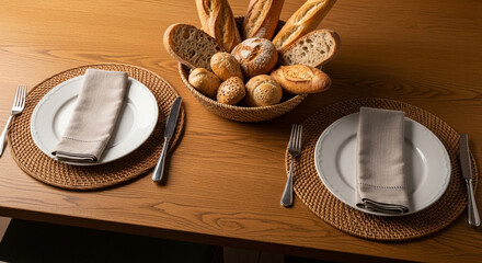 Warm inviting table setting with basket of fresh artisanal breads and elegant place settings ready for a delicious meal