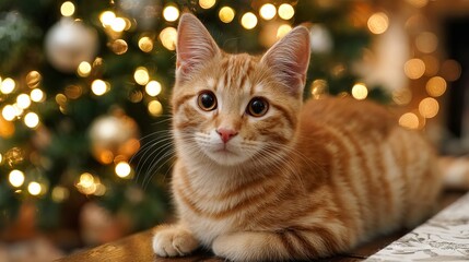 Fototapeta premium Adorable orange cat wearing Santa hat relaxing by glowing Christmas tree with warm festive lights cozy holiday pet portrait for greeting cards seasonal decor and social media designs