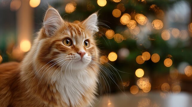 Adorable orange cat wearing Santa hat relaxing by glowing Christmas tree with warm festive lights cozy holiday pet portrait for greeting cards seasonal decor and social media designs - Powered by Adobe