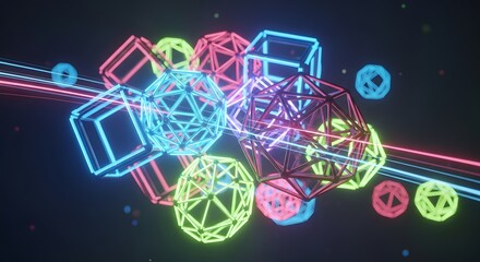 Abstract neon geometric shapes glowing wireframe design futuristic background for presentations and 