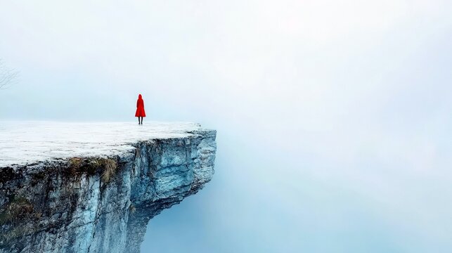 A person wearing a red coat stands alone on the edge of a snow-covered cliff, facing a vast, misty, and ethereal landscape.