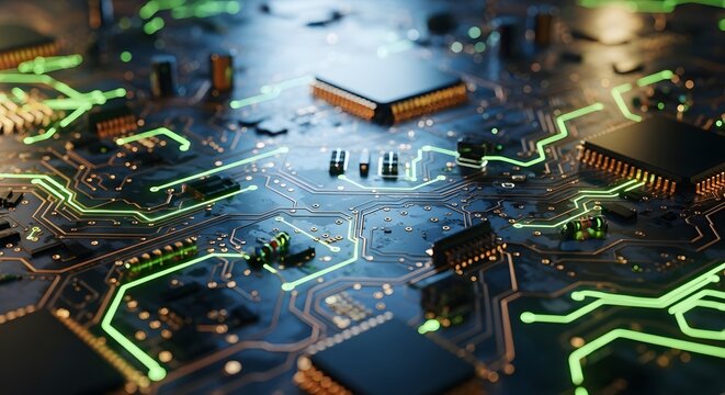Complex computer circuit board illuminated with glowing green lines for technology and engineering c