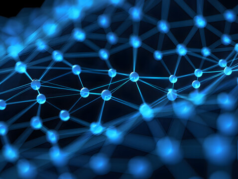 A vibrant blue abstract grid of interconnected spheres symbolizing the future of data, communication, and networking technology